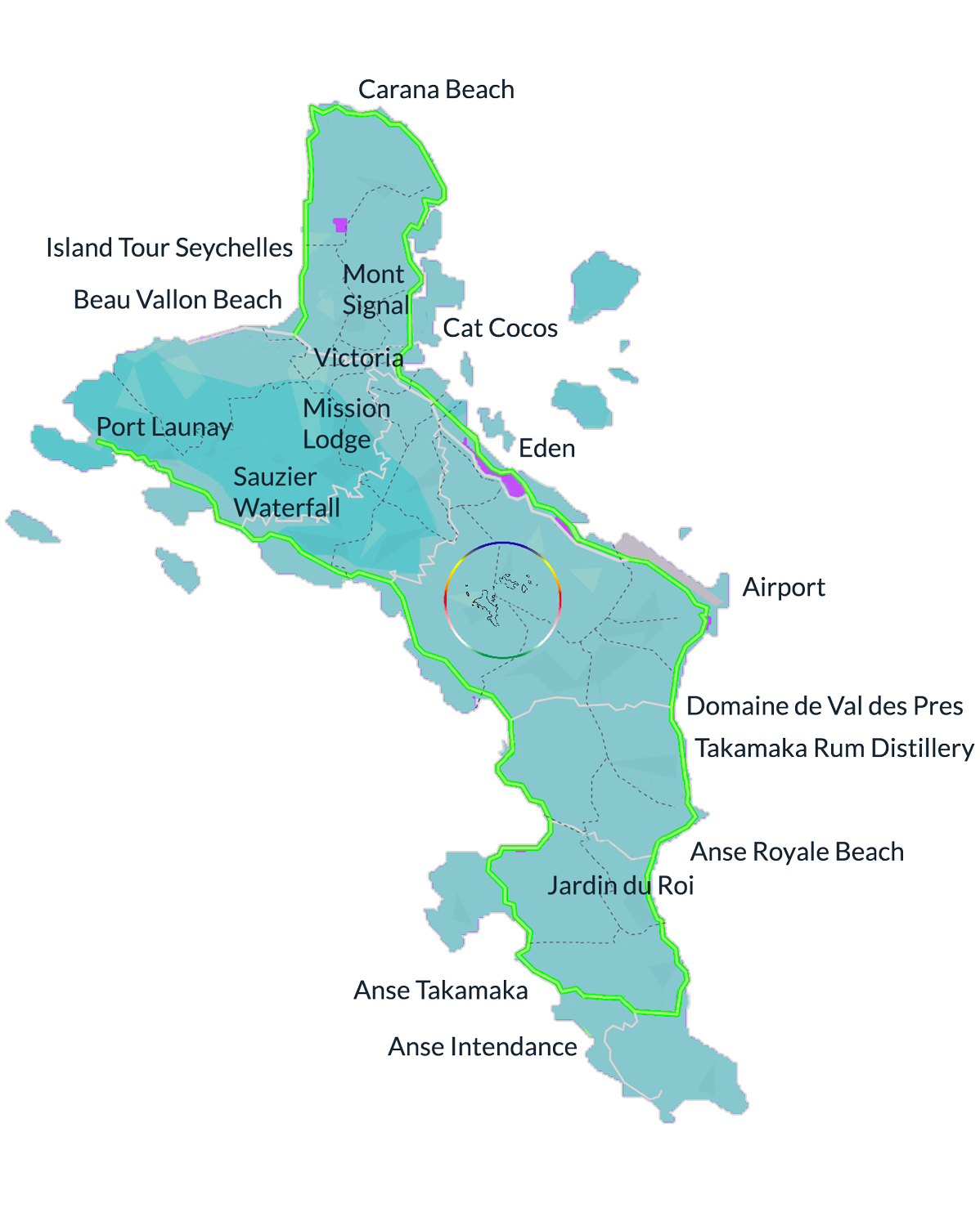 Map of Mahé with all our possible tour points you can choose for your personal tour Map of Mahé with all our possible tour points you can choose for your personal tour