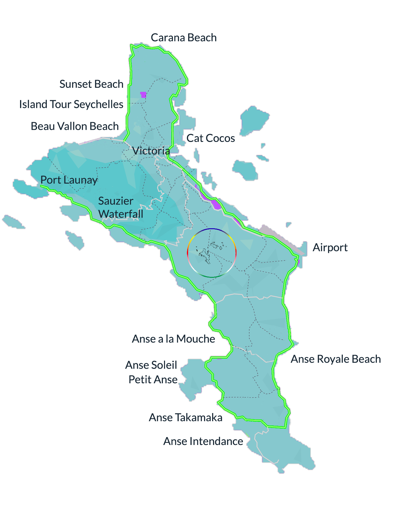 Map of Mahé with all our possible beaches you can choose for your personal tour Map of Mahé with all our possible beaches you can choose for your personal tour
