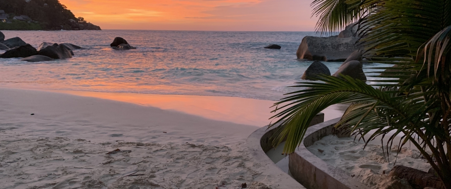 Sundown at private Beach on Mahe, Seychelles Sundown at private Beach on Mahe, Seychelles