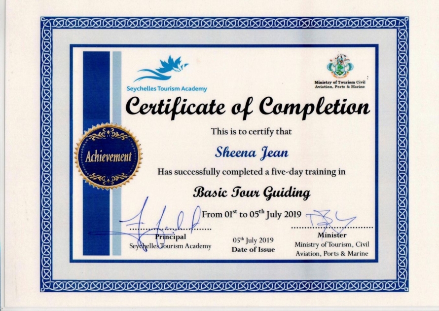 Tourguide Certificate of Sheena, Seychelles Tourguide Certificate of Sheena, Seychelles